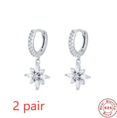 S925 sterling silver diamond snowflake pendant earrings with gemstone inlay in geometric design