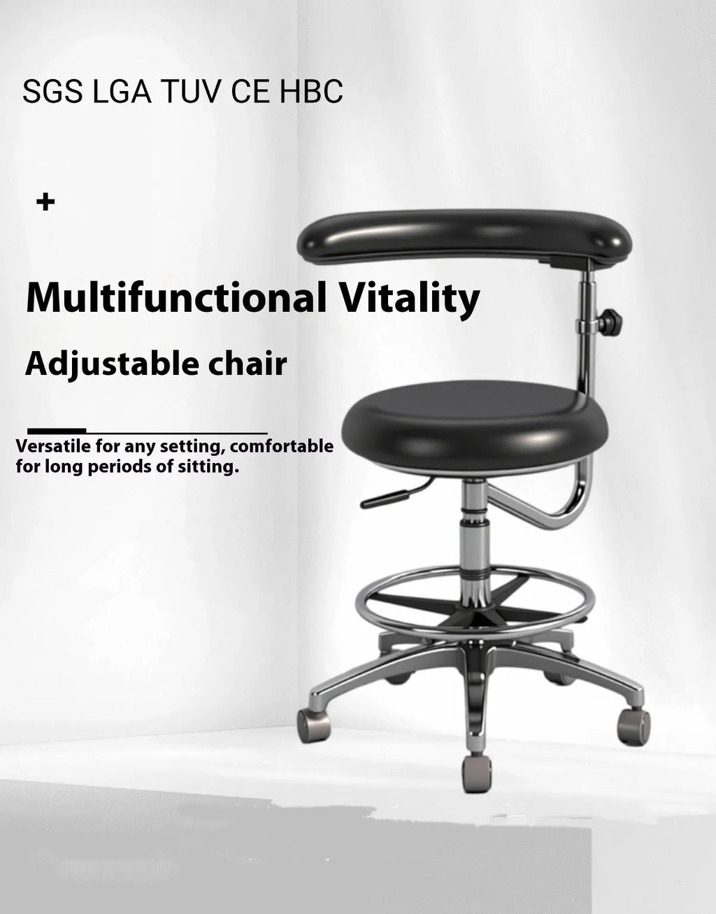 Black leather dental chair with a lift mechanism for hospital and surgery use.