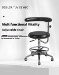Black leather dental chair with a lift mechanism for hospital and surgery use.