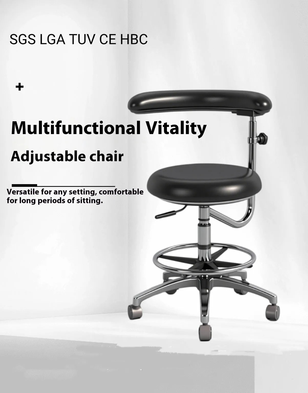 Black leather dental chair with a lift mechanism for hospital and surgery use.