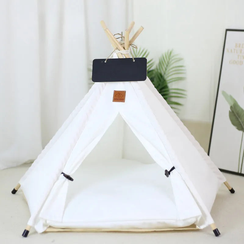 Striped flax and linen pet teepee tent with removable cushion for small dogs or cats.