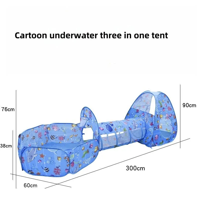 Three-in-one children's cartoon tent with tunnel and ball pool in marine themes for girls aged 4-6