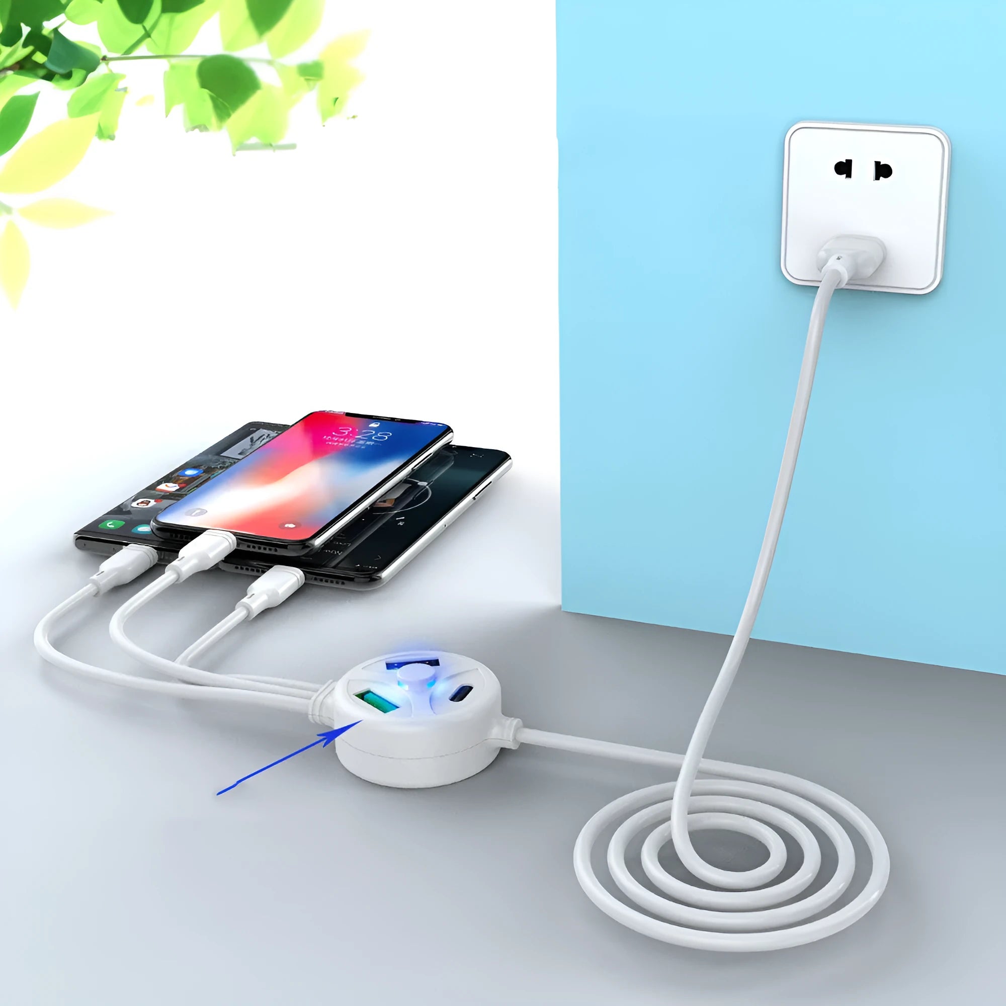 PDPVC mobile phone charging cable with USB, Mini USB, Micro USB, and TYPE-C connectors on a white background.