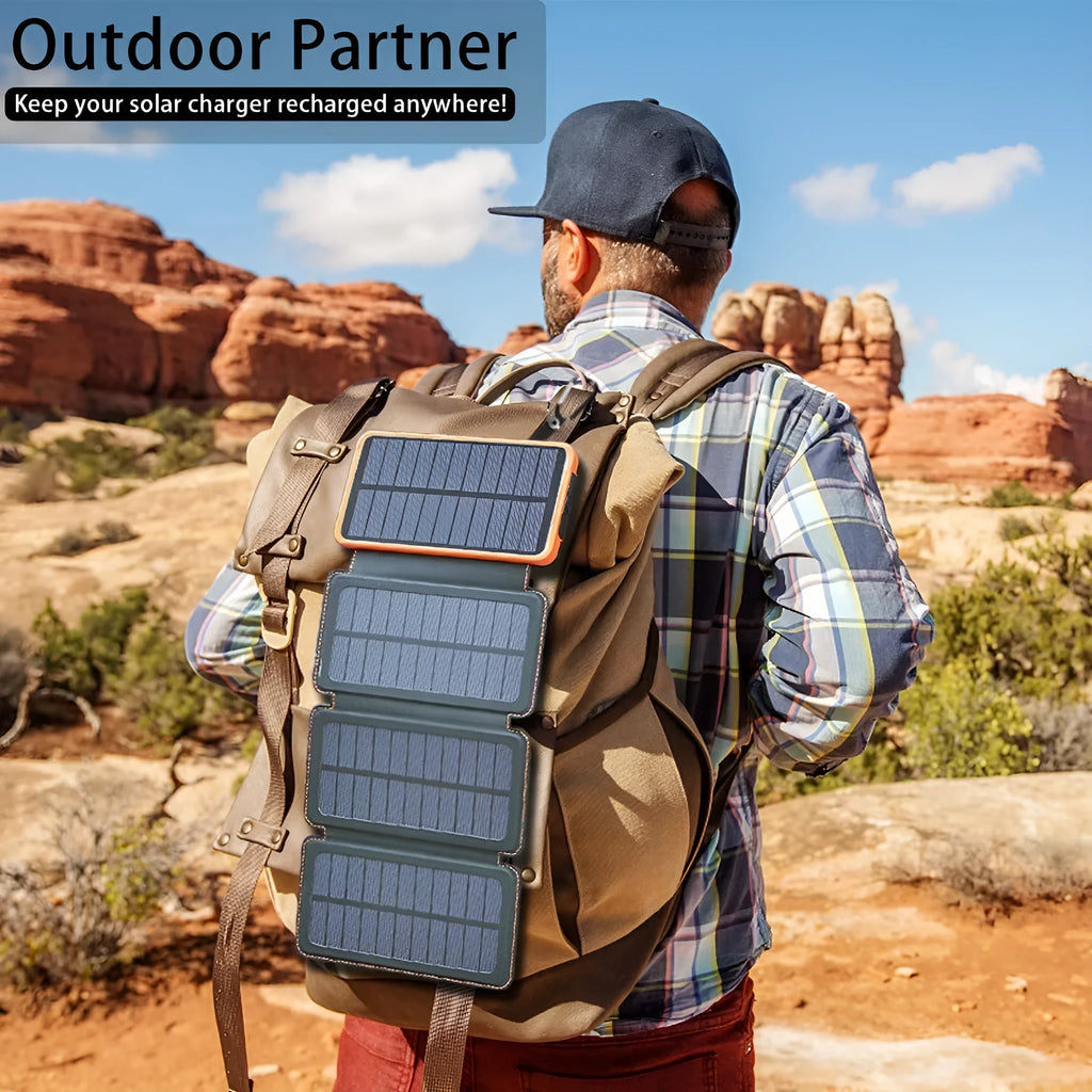Outdoor solar phone charger with rainproof case in four colours showing solar panel and LED light