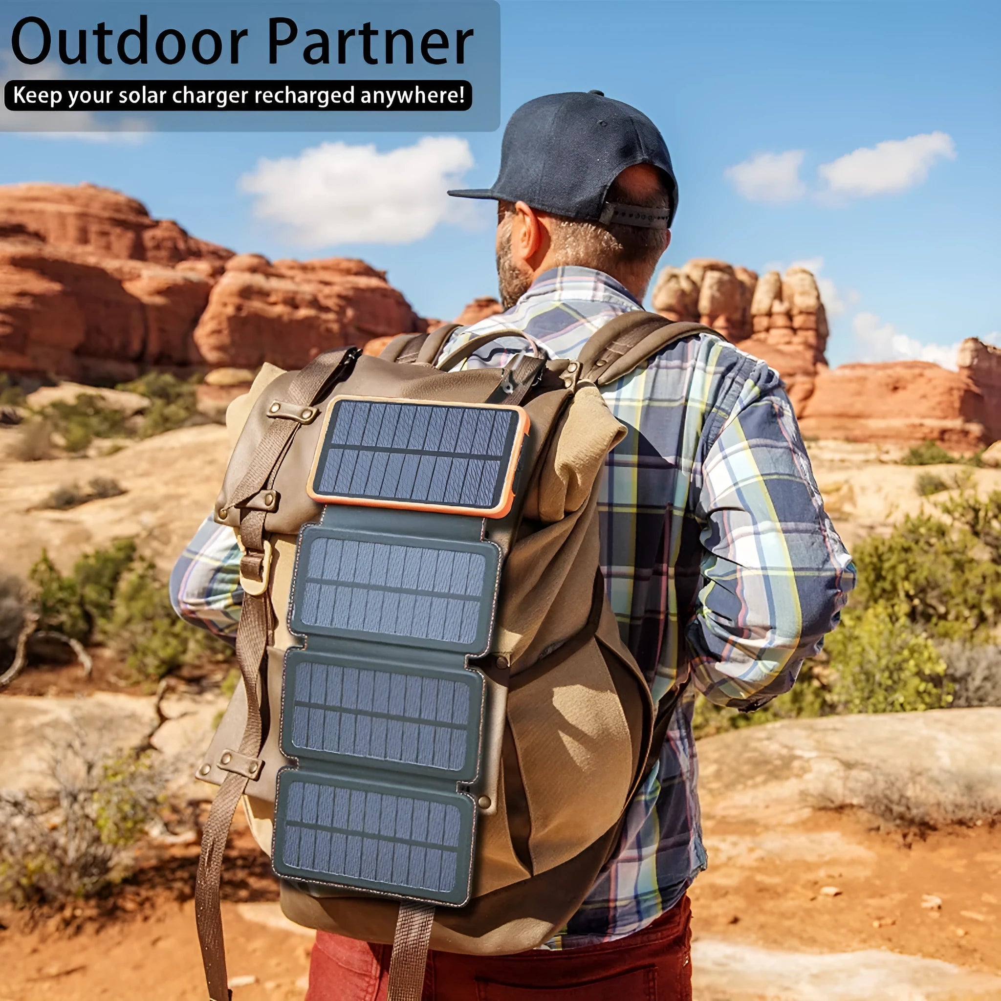 Outdoor solar phone charger with rainproof case in four colours showing solar panel and LED light