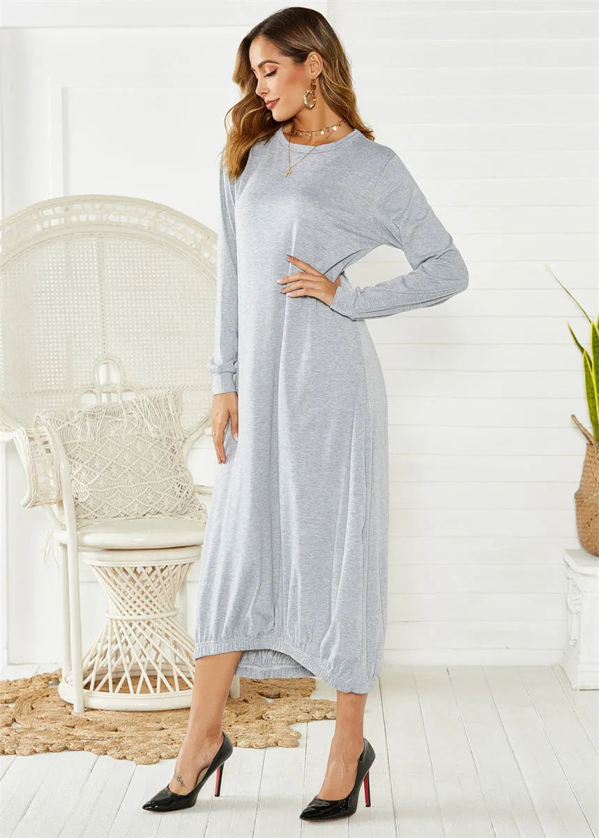 Black lantern dress with lace-up crew neck and loose silhouette, shown front view