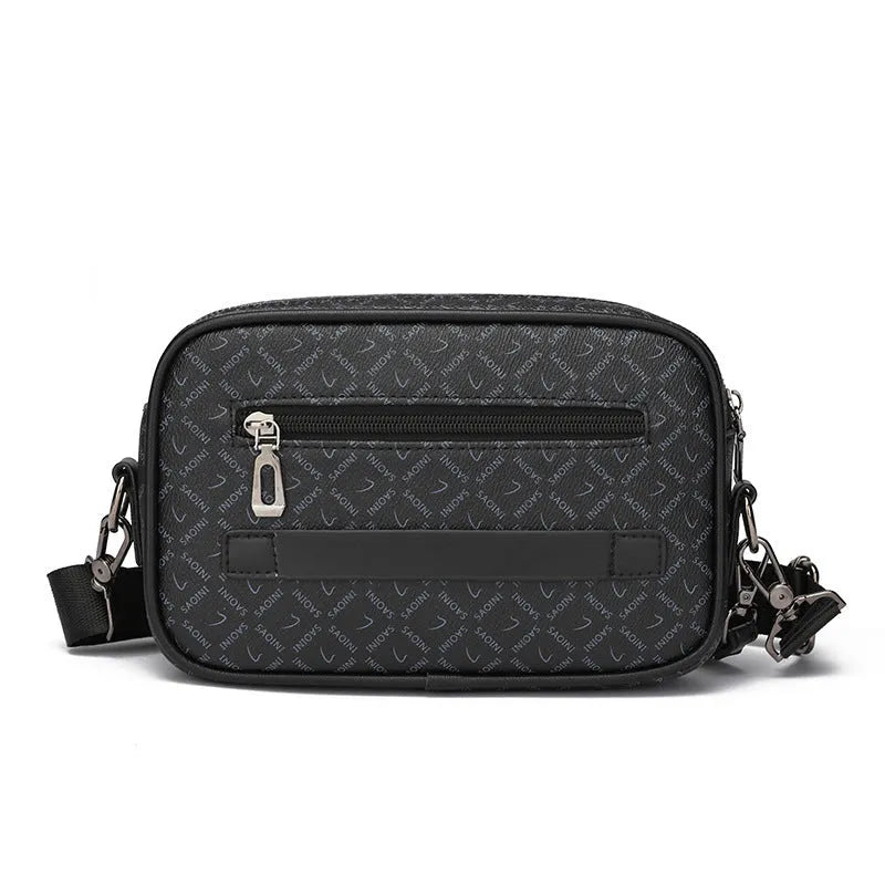 Men's geometric pattern PU messenger bag shown in a horizontal carry position.