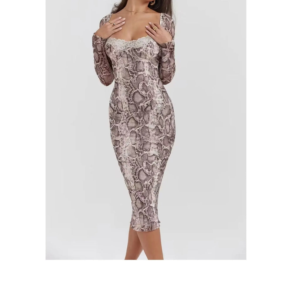 Grey slim fit lace dress with digital printed 3D pattern and A-line skirt design