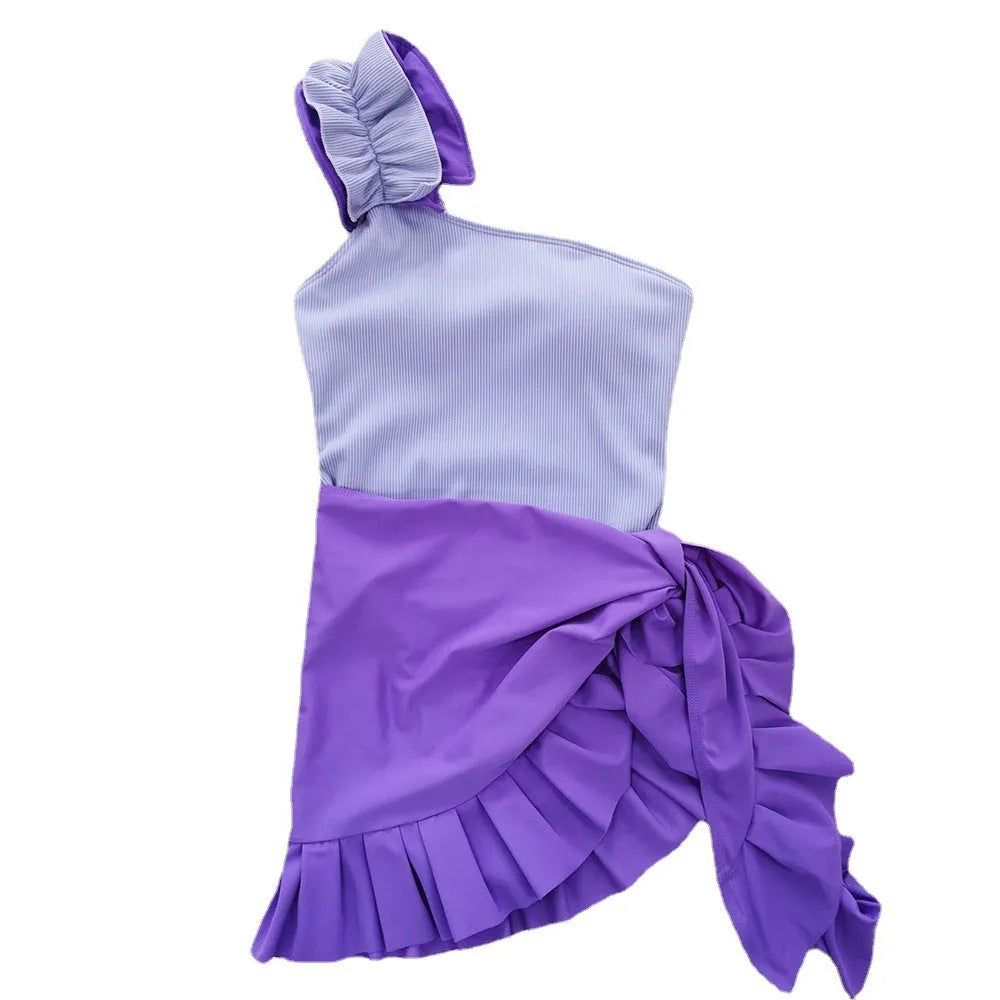 Women's single-shoulder high-waist one-piece swimsuit in solid colours