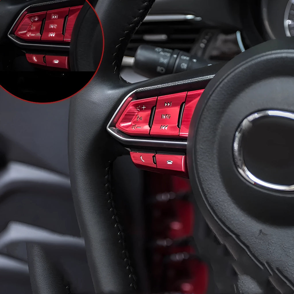 Atz aluminium alloy steering wheel decorative sticker set showing brushed red, silver, and blue hollow buttons