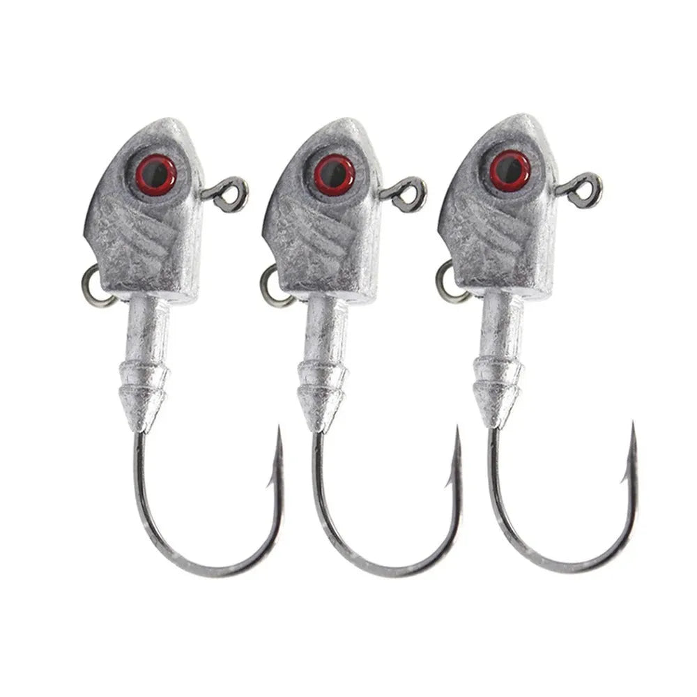 Yayu-shaped lead head hook fishing lure simulation in blue, silver, and yellow colours showing different weight sizes.