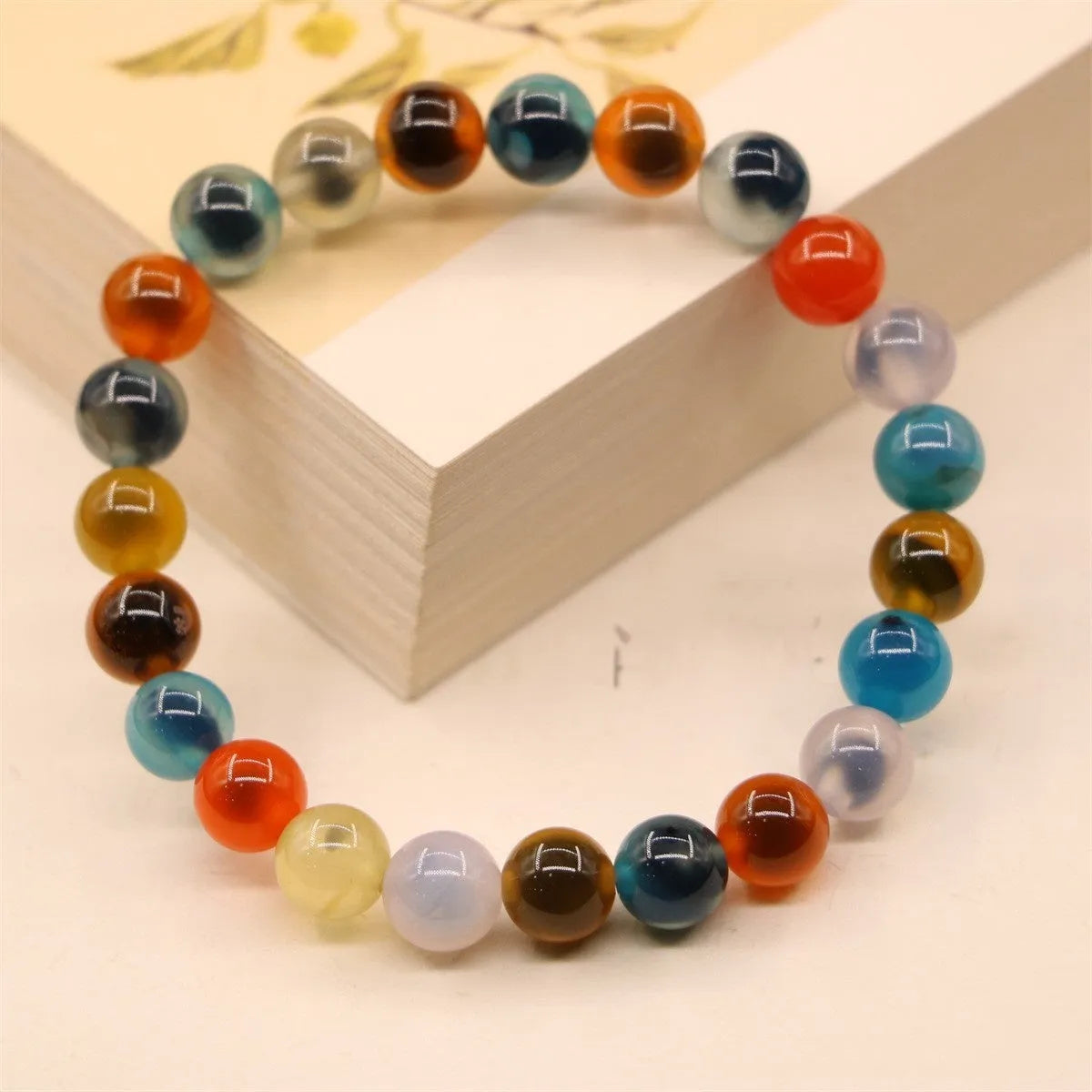 Natural colourful sugar heart agate bracelet with traditional Chinese symbols and copper coin elements on snake chain