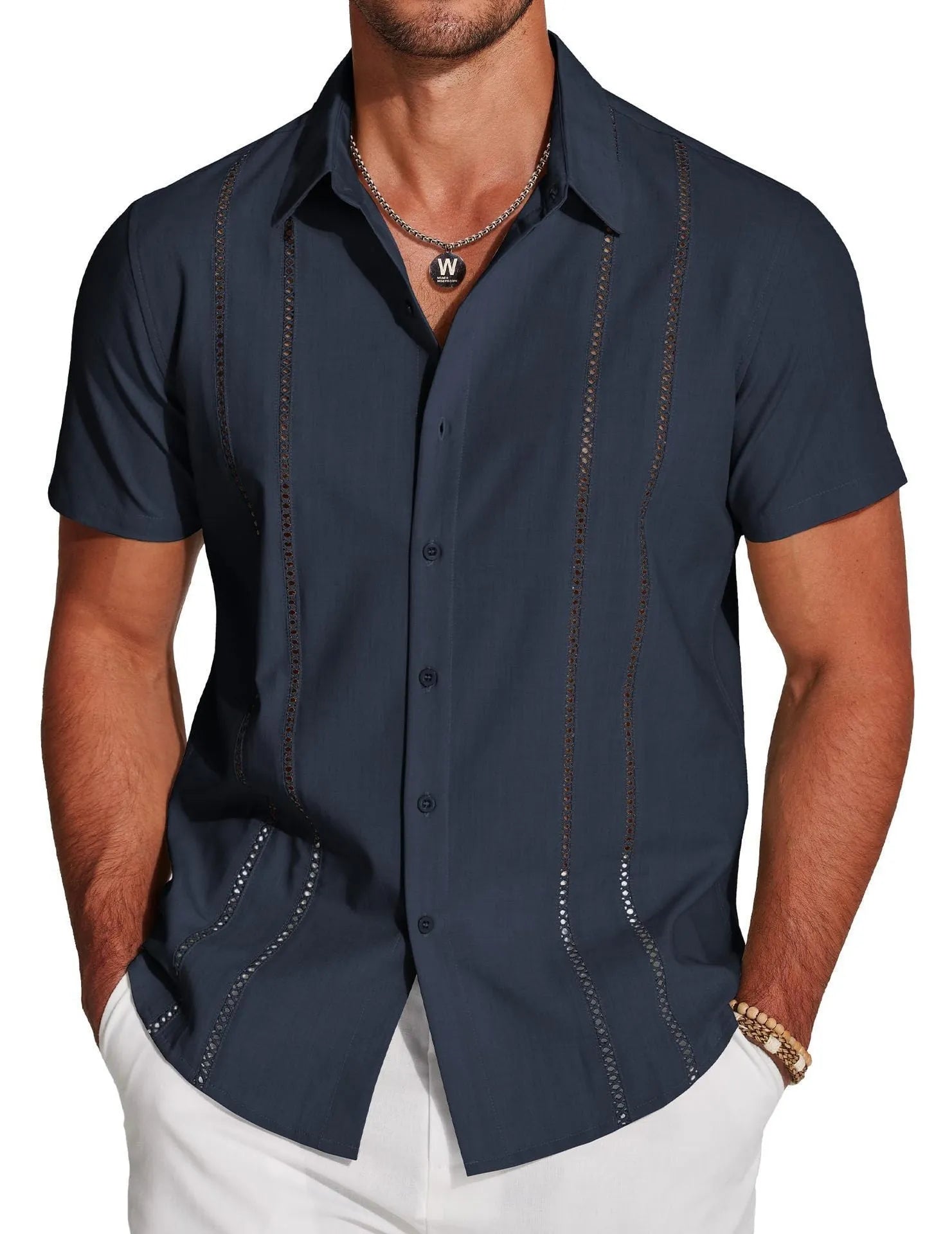 Men's slim fit Hawaiian short sleeve shirt with digital print pattern.