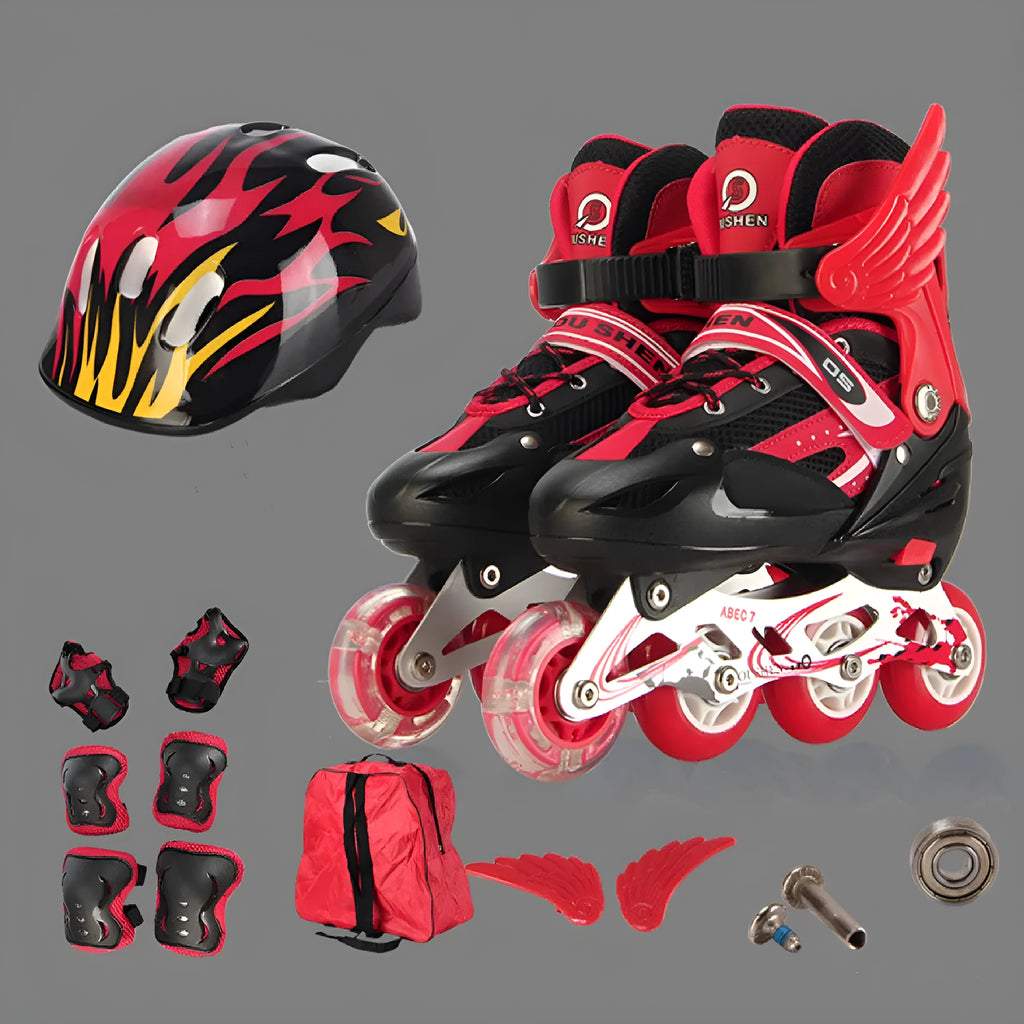 Adjustable children's inline skates with aluminium bracket in five colours including protective gear set