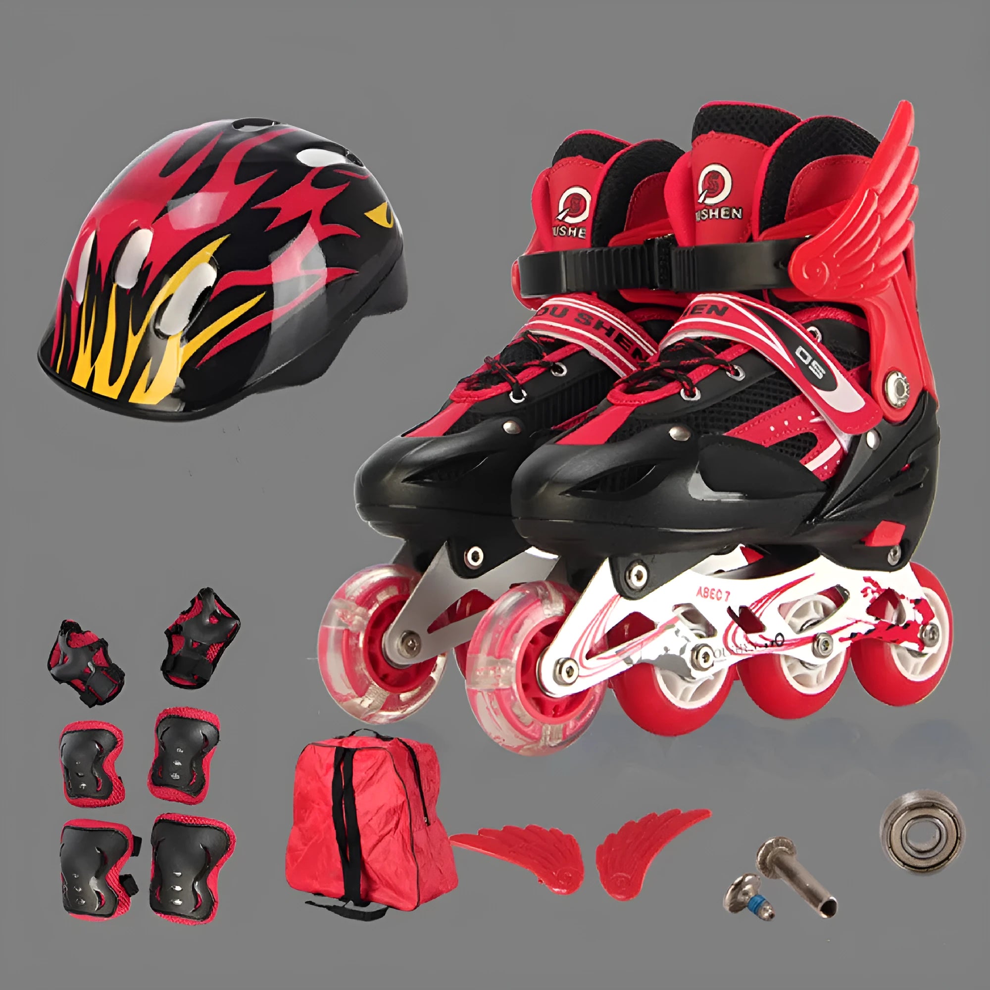 Adjustable children's inline skates with aluminium bracket in five colours including protective gear set