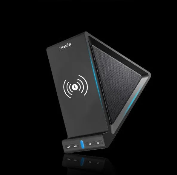 Black multifunctional Bluetooth speaker with integrated mobile phone stand and wireless charging area