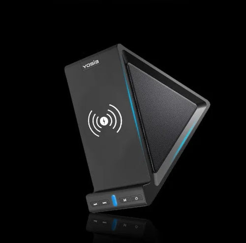 Black multifunctional Bluetooth speaker with integrated mobile phone stand and wireless charging area