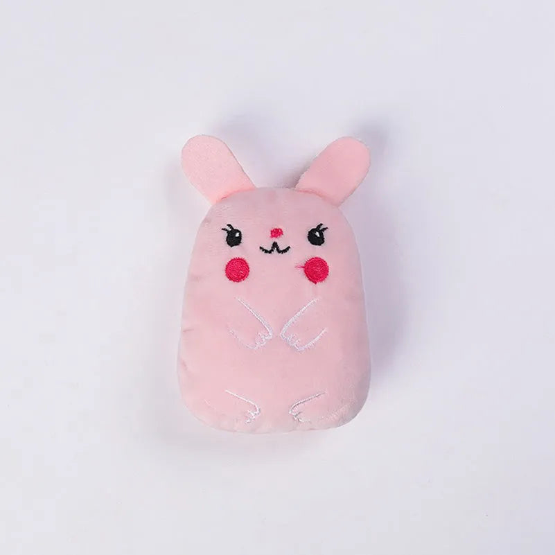 Small brown plush cat toy with a bite-shaped design for chewing and interactive play.