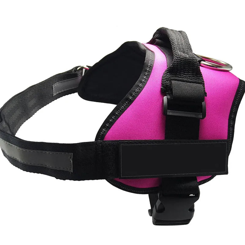 A reflective adjustable no-pull dog harness in a vest style, shown on a dog with a personalised patch.