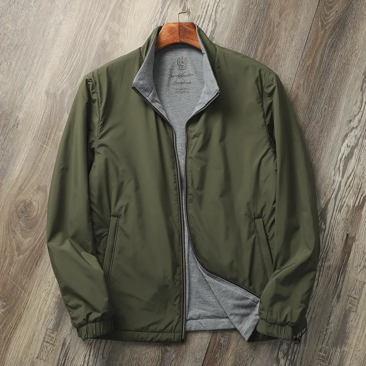 Men's stand collar business casual jacket in polyester cotton blend fabric showing regular fit and standard sleeves