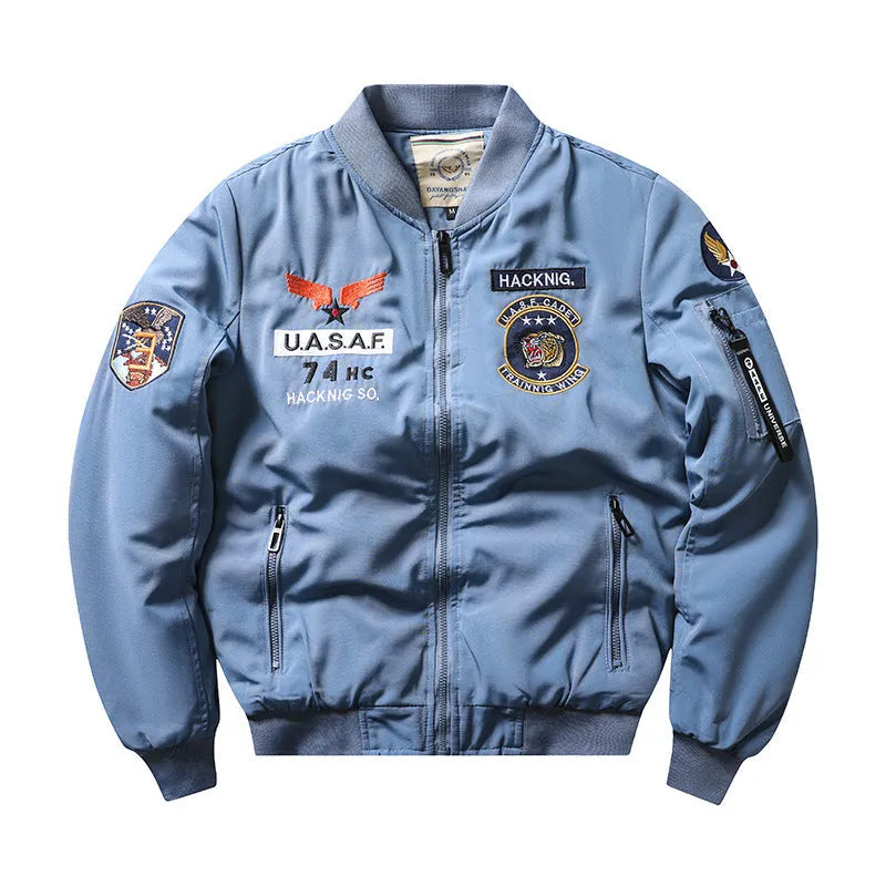 Men's slim-fit black retro motorcycle jacket with stand collar and embroidery.