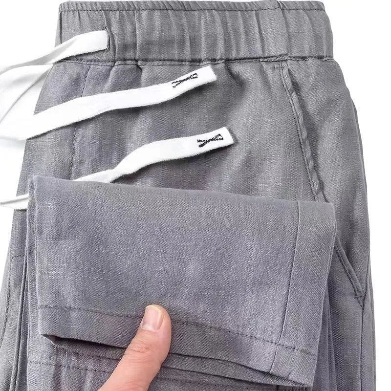 Pure linen Chinese style Li Gao trousers with elastic drawstring waist in a straight leg cut.