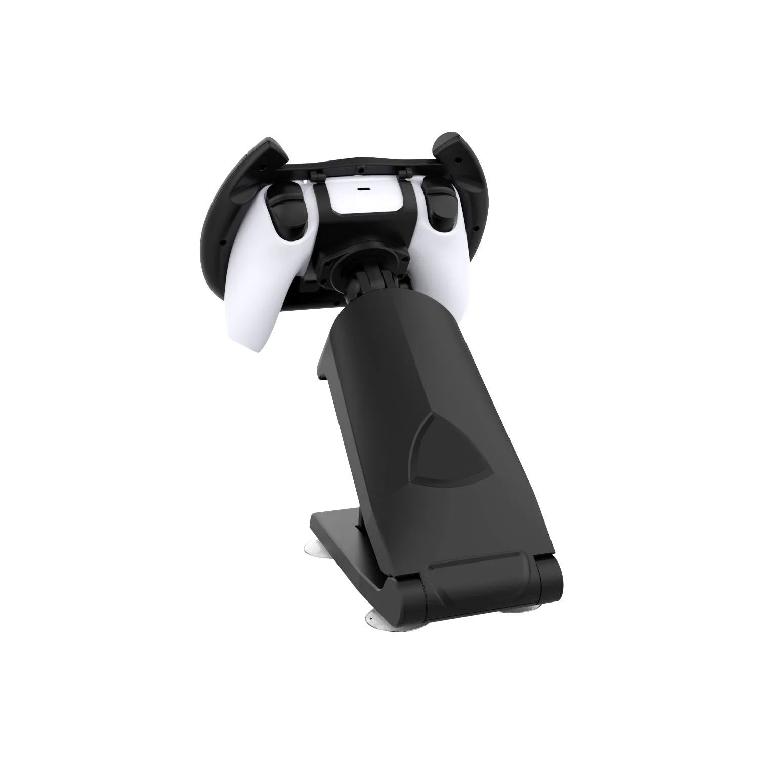 Black ABS plastic gamepad steering wheel bracket with suction cup, holding a smartphone for mobile racing games.