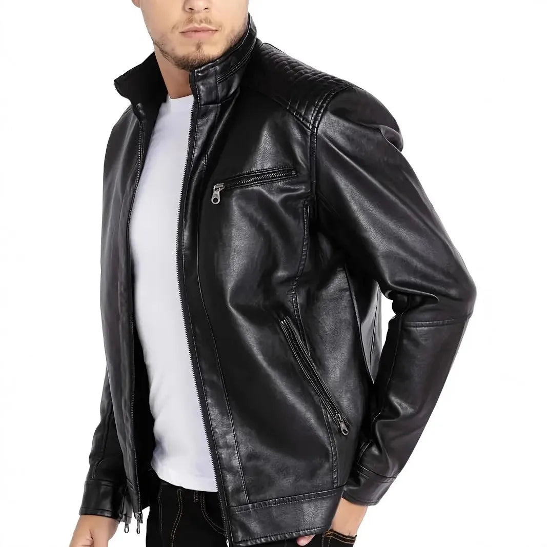 Men's brown punk-style artificial leather motorcycle jacket with a stand collar and patch pockets.