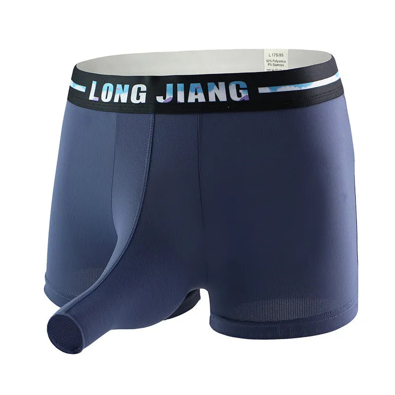 Men's breathable ice silk trunk open boxer shorts in Army Green colour on a mid waist mannequin.