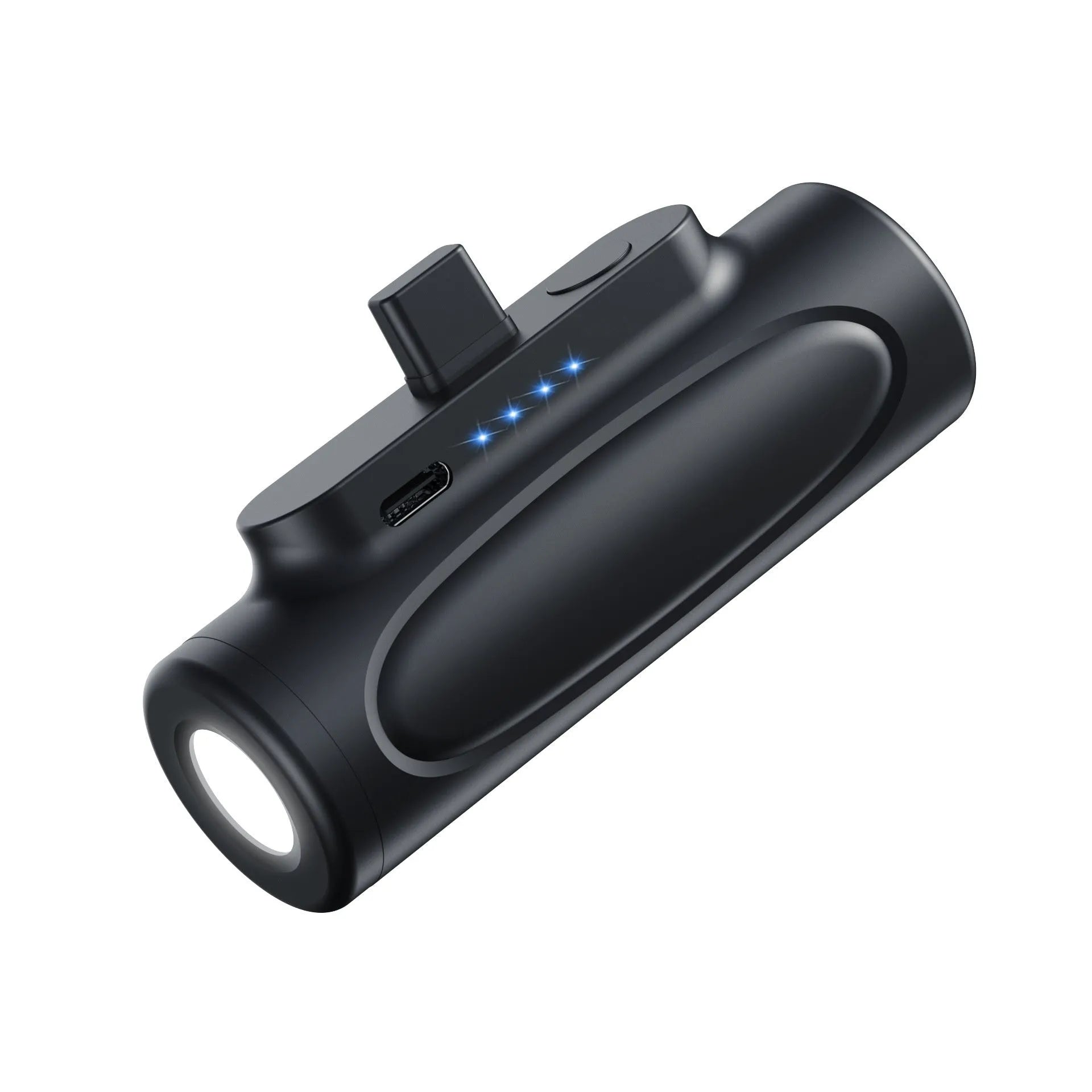 Black creative power bank with LED flashlight showing Type-C charging port and compact 83mm size