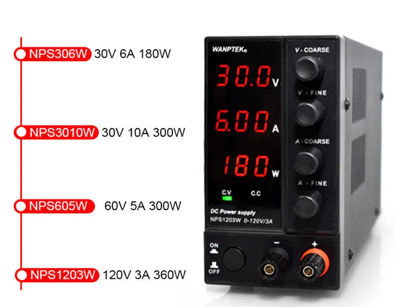 White S605W adjustable laboratory DC power supply with voltage and current control dials.