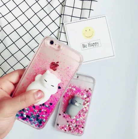 Cat-themed glitter phone case for iPhone models 6, 7, 8, and X.