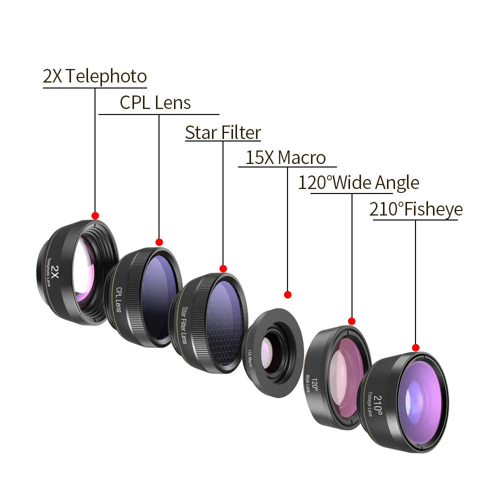 Black 6-in-1 smartphone camera lens kit with fisheye, macro, wide-angle, telephoto, CPL, and star filter lenses and a universal clip.