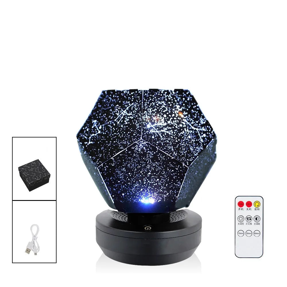 LED star projector night light showing constellation projection on a bedroom ceiling