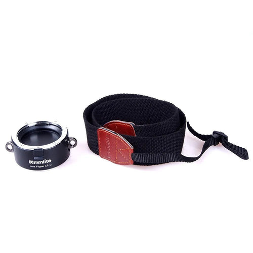 Aluminium alloy Nikon E-Mount lens flipper with stainless steel buckle and cotton shoulder strap.
