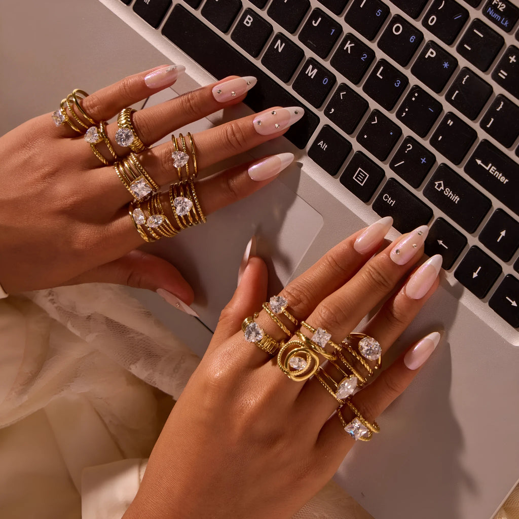 Gold inlaid zircon stainless steel ring with geometric designs and adjustable open-mouth construction