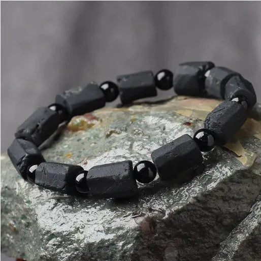 Natural black tourmaline rough stone bracelet with approximately 9mm stones and unisex design