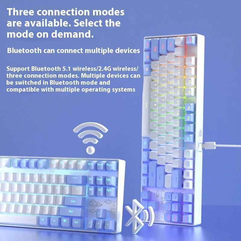 Wireless Bluetooth mechanical keyboard with metal board in blue white or white purple colour options