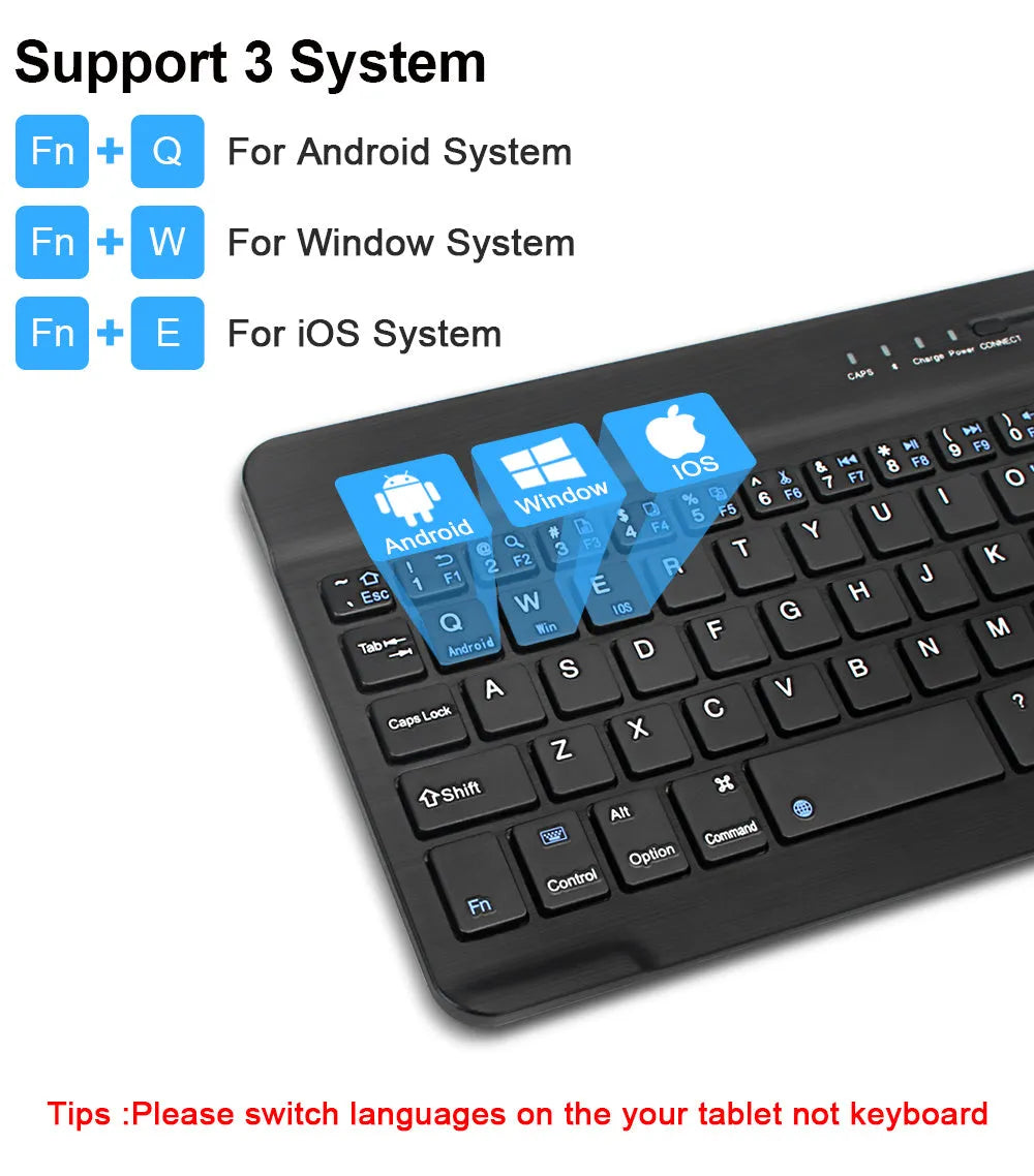 Black mini Bluetooth wireless keyboard next to 10-inch tablet showing wireless connection