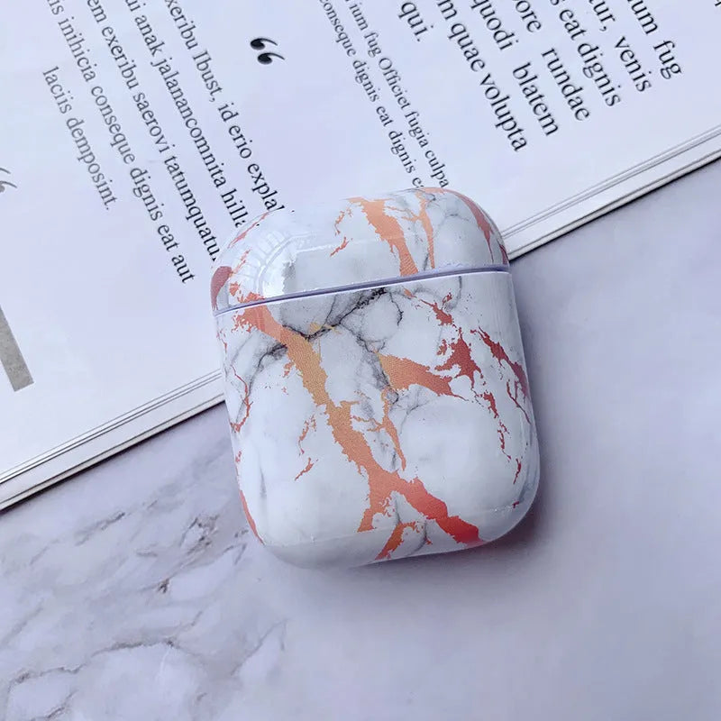 White marble effect protective hard case for Apple AirPods 1 and 2 wireless earphones