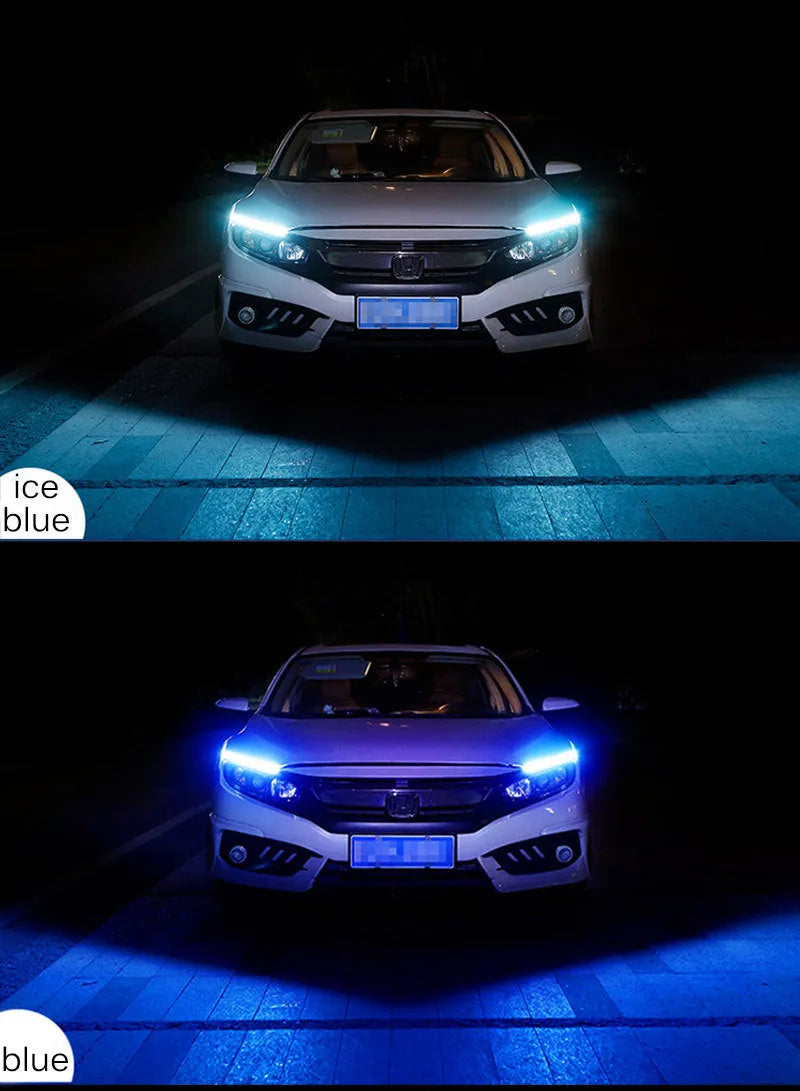 Flexible silicone car LED strip light showing daytime running light and flowing turn signal function in blue to yellow colour.