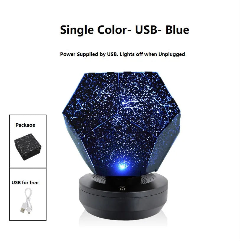 LED star projector night light showing constellation projection on a bedroom ceiling