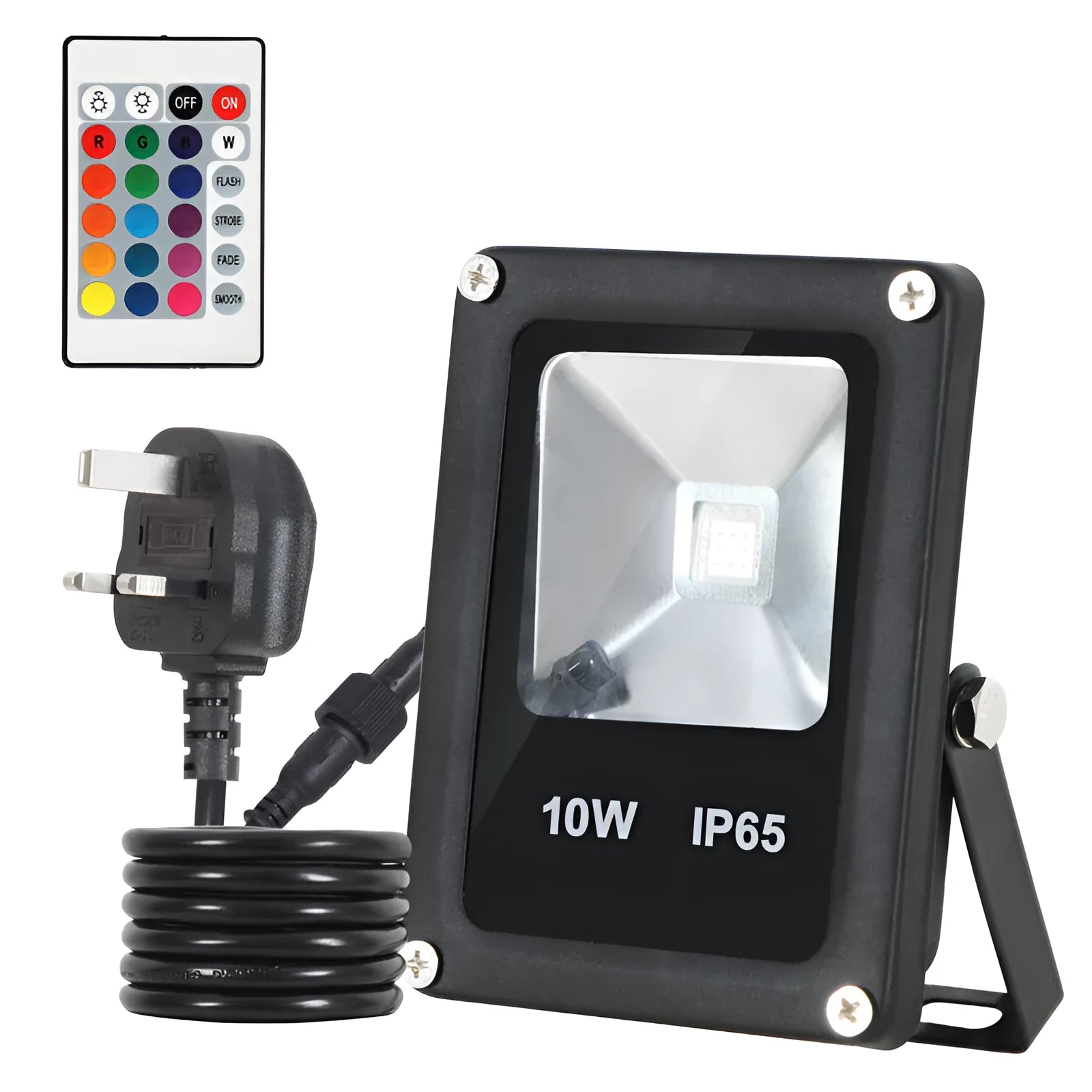Black aluminum RGB LED flood light with IP65 rating for outdoor advertising and building lighting.