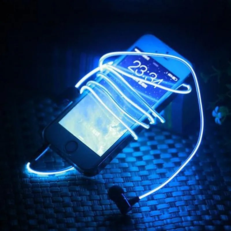 Compatible LED earphone with aluminum shell and music rhythm light in blue green or pink colors