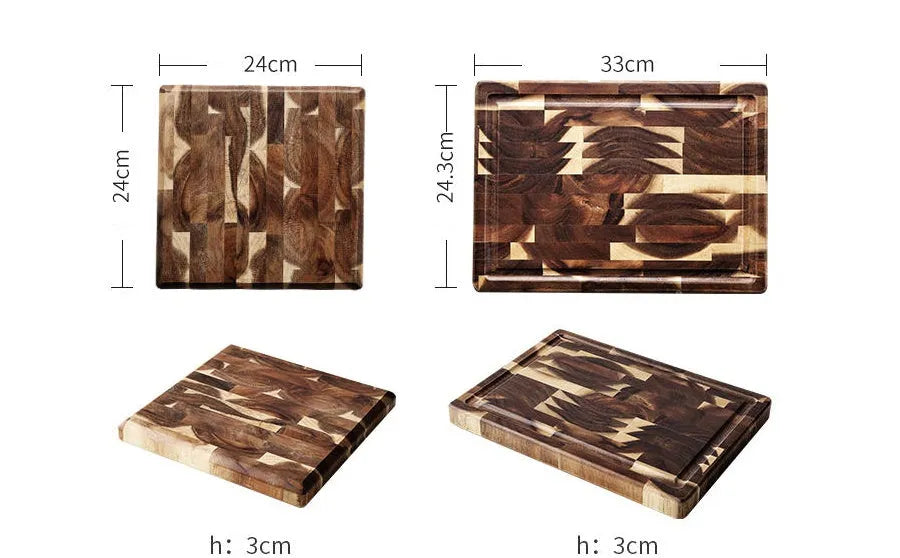 Brown imported acacia solid wood cutting board with 3cm thickness on kitchen counter