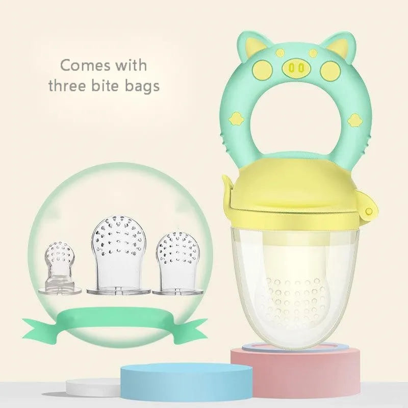 Soft BPA-free silicone baby teether in blue, green, or pink colour, shown in single and three-piece style options.