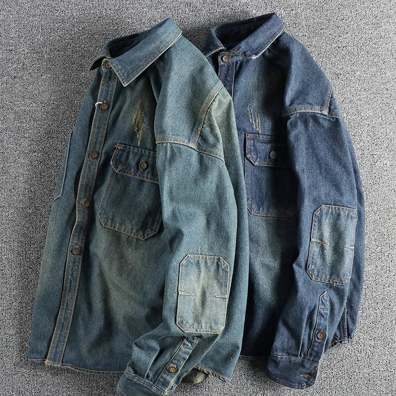 Men's loose-fit washed vintage denim shirt in light blue and dark blue colour options.