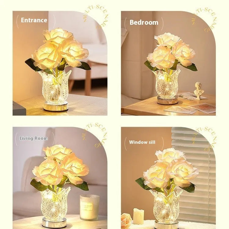 Crystal flowers decorative touch table lamp with USB charging cable on wooden bedside table