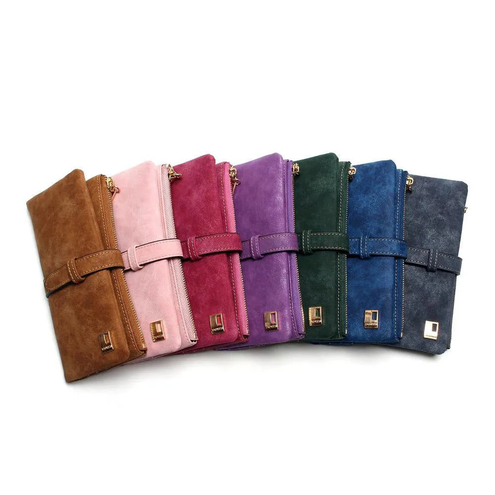 Korean retro matte leather long wallet open showing card slots and coin compartment