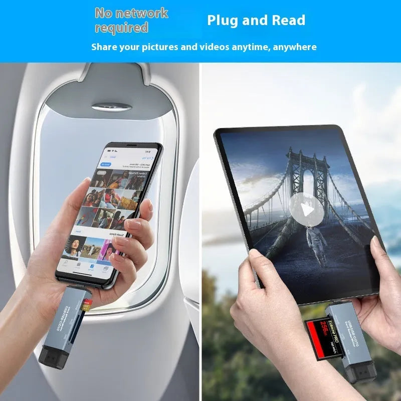 Compact aluminium alloy CF, SD, and TF three-in-one memory card reader with USB and TYPE-C cables.